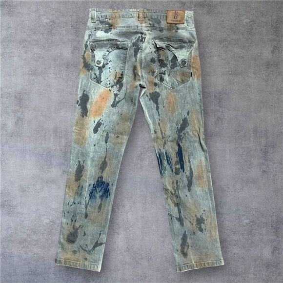 Makobi Slim Fit Paint Splatter Flap Pocket Grey Denim Jeans Men's 34 x 32 - Picture 1 of 10